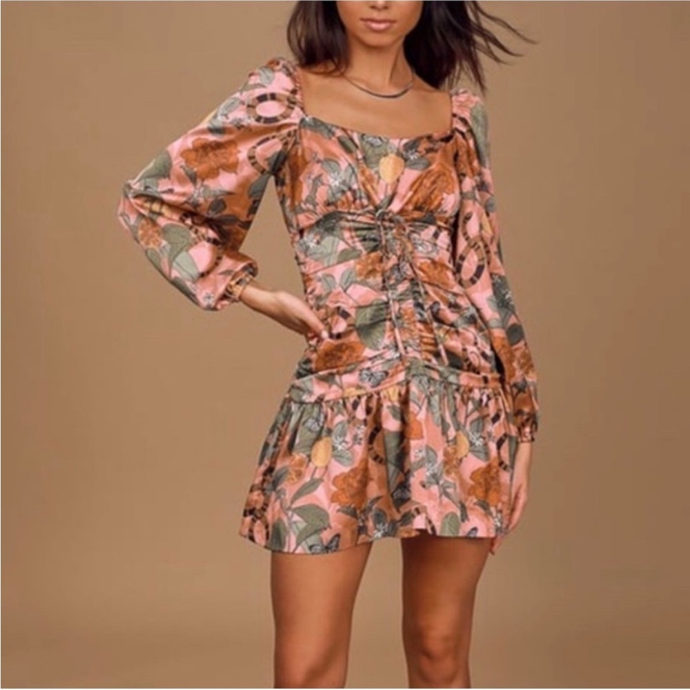Finders Keepers women’s Elisa Dress Mini Snake Print Tropical Floral Ruched Sz L